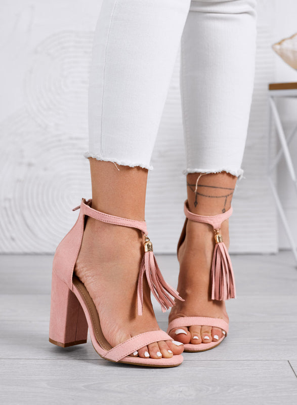 ZIVA – Pink block-heeled sandals with dangling tassels