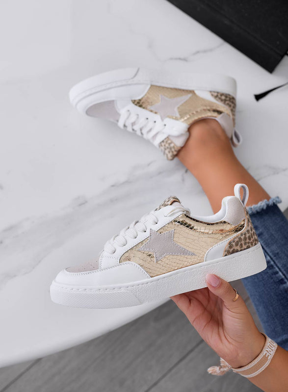 CLARE - White sneakers with leopard print inserts and metallic gold