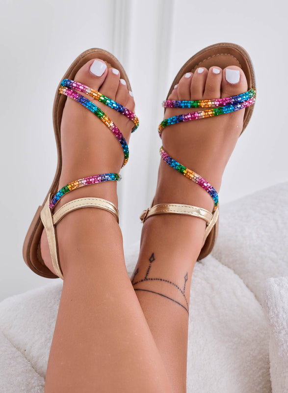 ZALA - Low gold sandals with multicolor jeweled straps