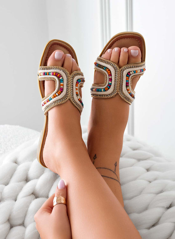 GIULIANA - Beige slipper sandals with multicolored stones