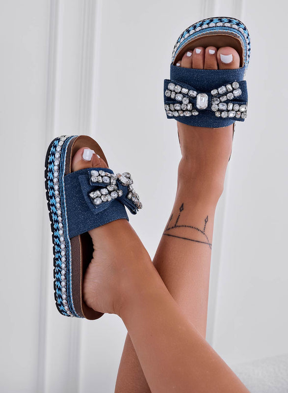 PIRA - Platform sandals in blue denim with rhinestone bow