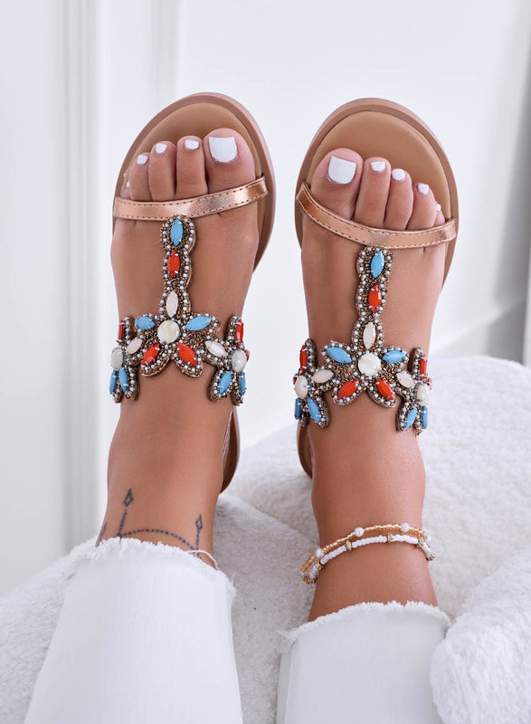 RANDALL - Champagne low sandals with stones