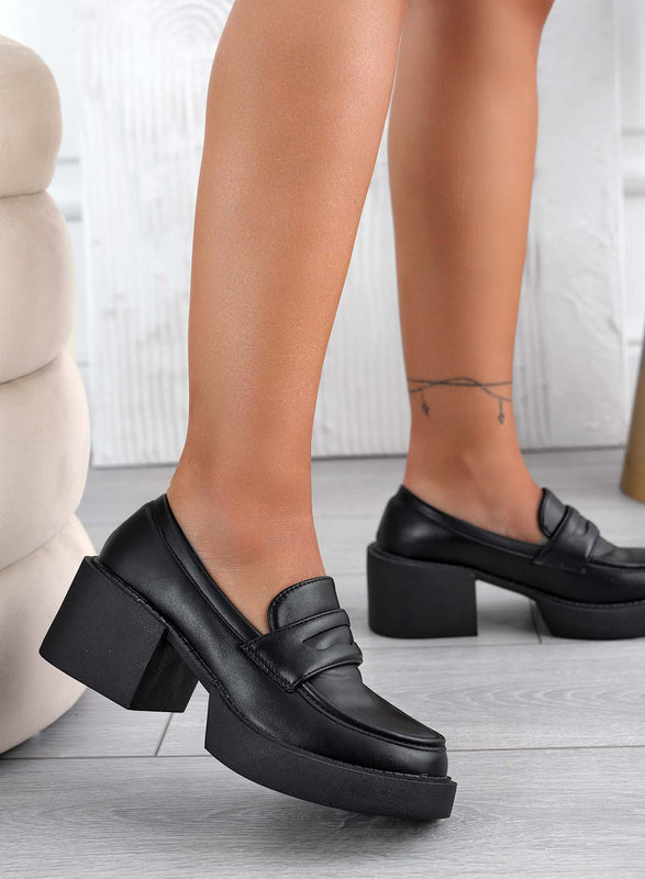 LINDY - Mocassins richelieu noirs à talon carré