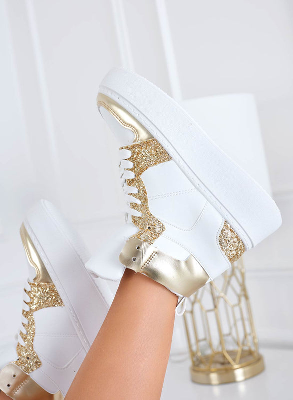White sneakers with gold glitter inserts