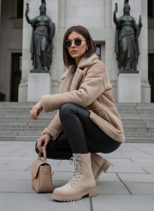 MOIRA - Stivaletti anfibi Alexoo beige con lacci e lingua gioiello