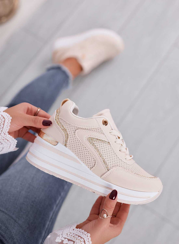 XENA - Beige sneakers with glitter inserts and wedge heel