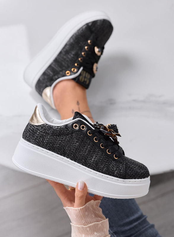 DOROTY - Black sneakers with jeweled flower appliqués and platform sole