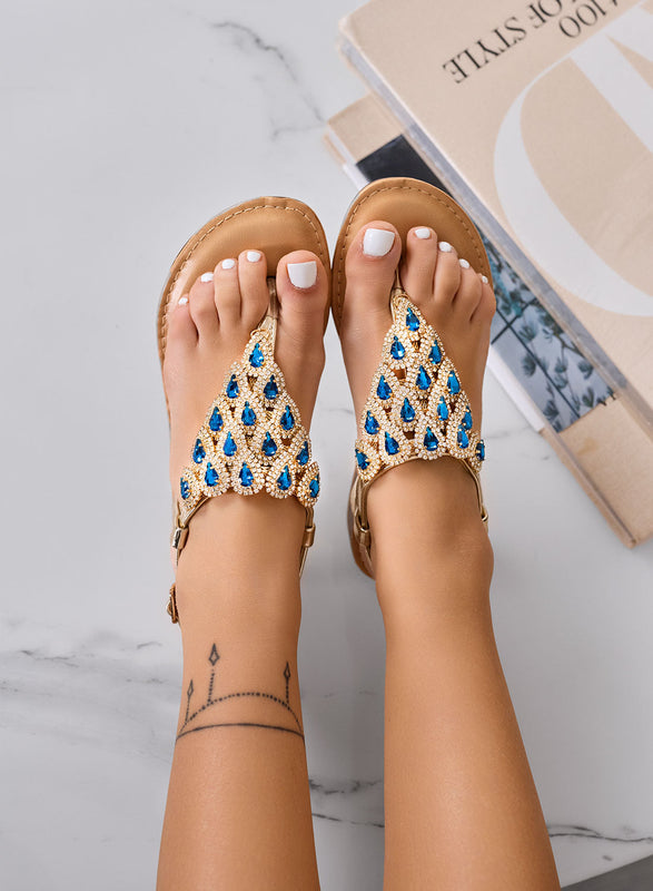DREAMS – Gold Flat Jewel Sandals with Blue Drops and Adjustable Strap