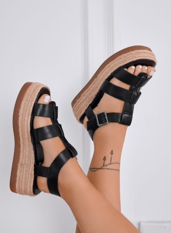 SHELLY – Black platform sandals with wide straps and rope sole