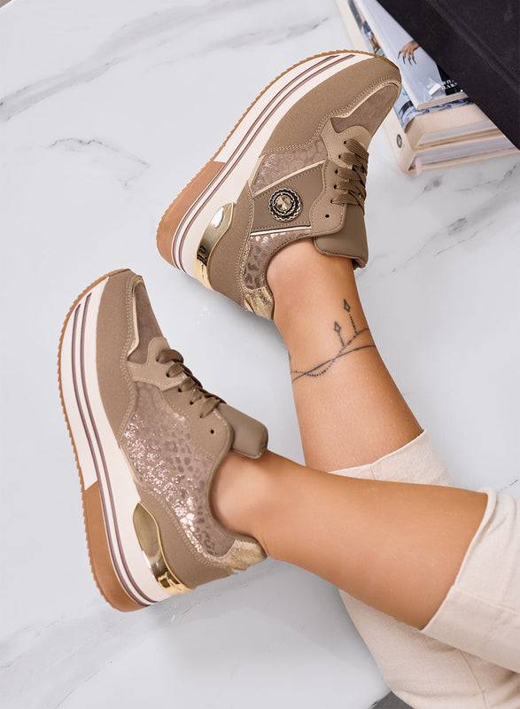 BAHIA - Baskets taupe avec ornement bijou et semelle plateforme