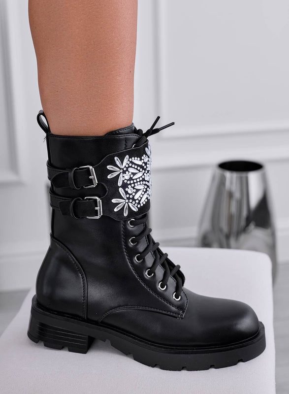 DINA - Black ankle boots with buckles and rhinestones