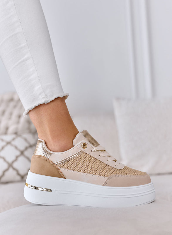 SONIA - Sneakers fango con inserti in tessuto laminato oro