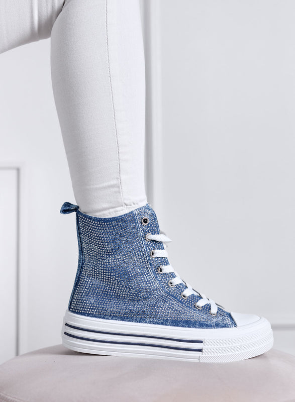 ROSALIA - High-Top Blue Jeans Sneakers with Rhinestones and Platform Sole