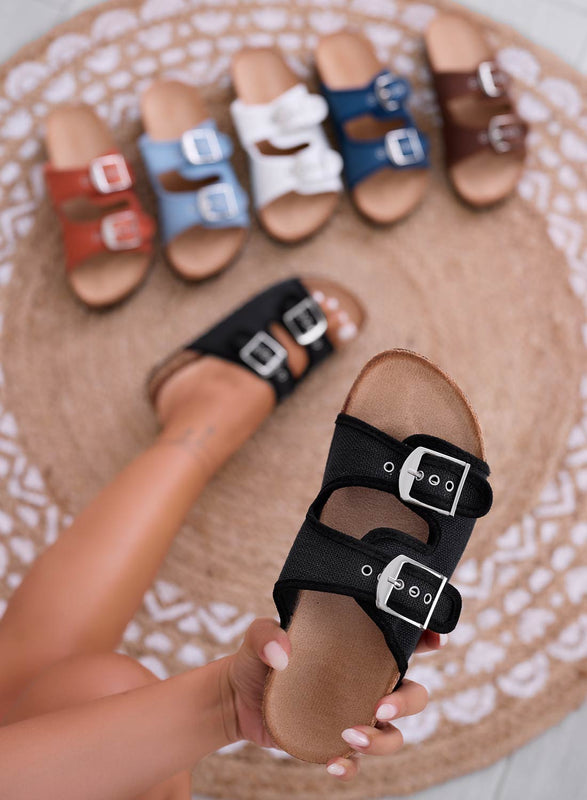 KETTY - Black fabric slide sandals with buckles