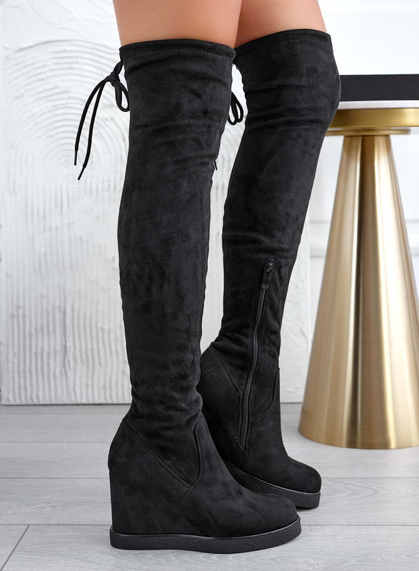LESLIE - Botas negras de ante por encima de la rodilla con cuña