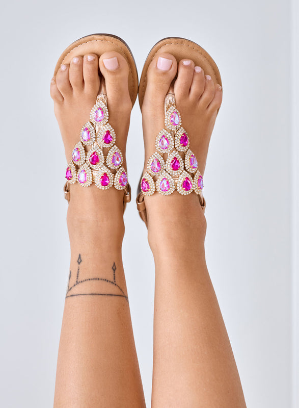 STEVEN - Sandali oro rosa gioiello con pietre fuxia a goccia