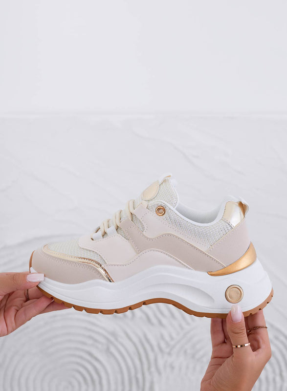 IRINA - Beige sneakers in gold laminated fabric