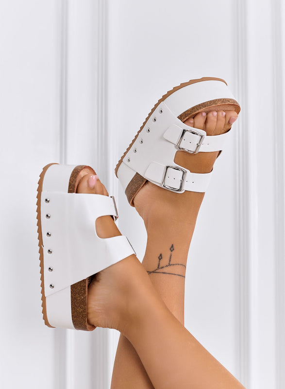 ORTENSIA - Sandali Ciabatte bianche platform con doppia fibbia e suola in sughero