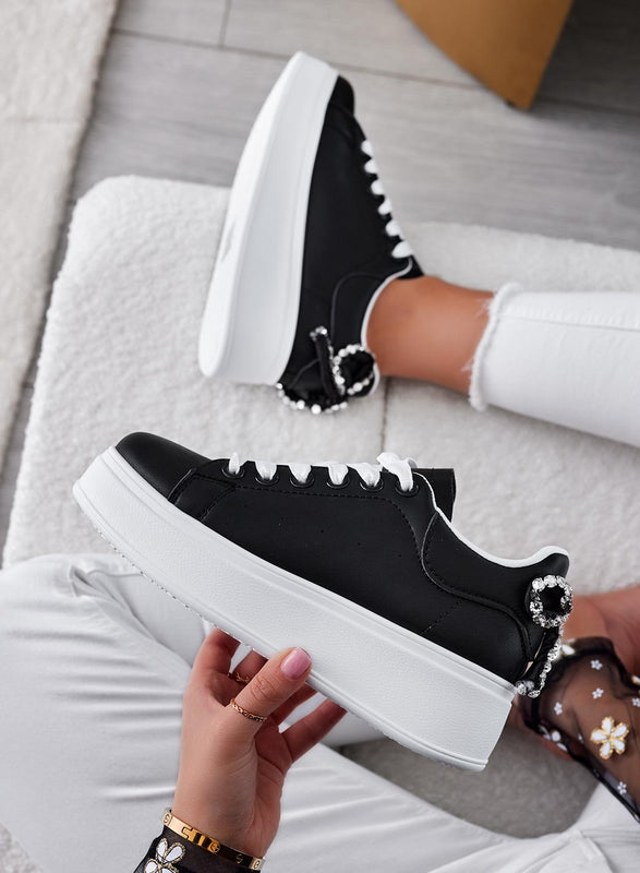 MILE- Black sneakers with thick sole and rhinestone bow