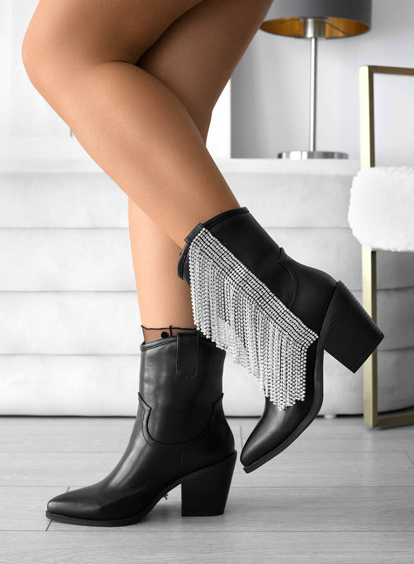 ROSE - Alexoo black camperos ankle boots with jewel fringes