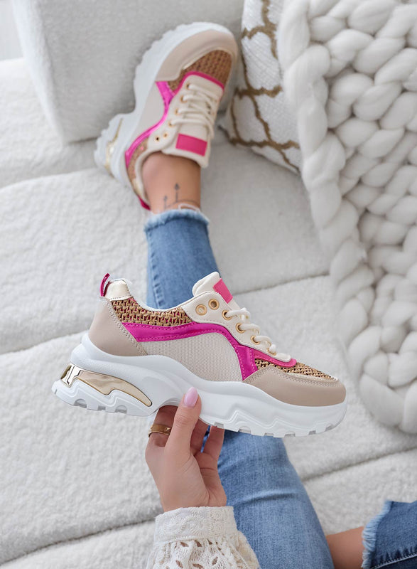 ARENA - Beige sneakers with fuchsia inserts