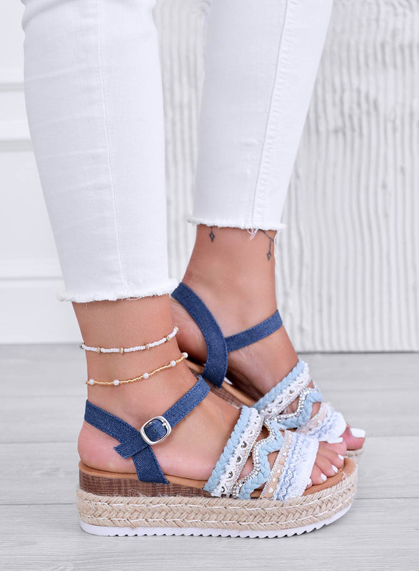 OLIVER - Blue jeans espadrille sandals with wedge and rhinestones