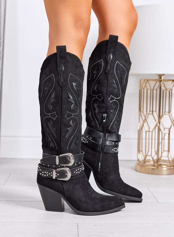 NOEMI - Bottes texanes noires avec brides et broderies ton sur ton