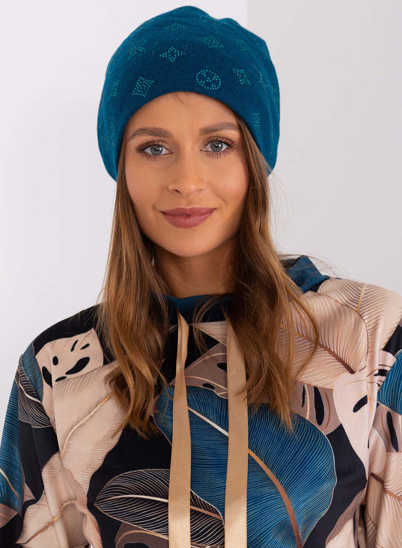 Petrol blue padded hat with rhinestone applications