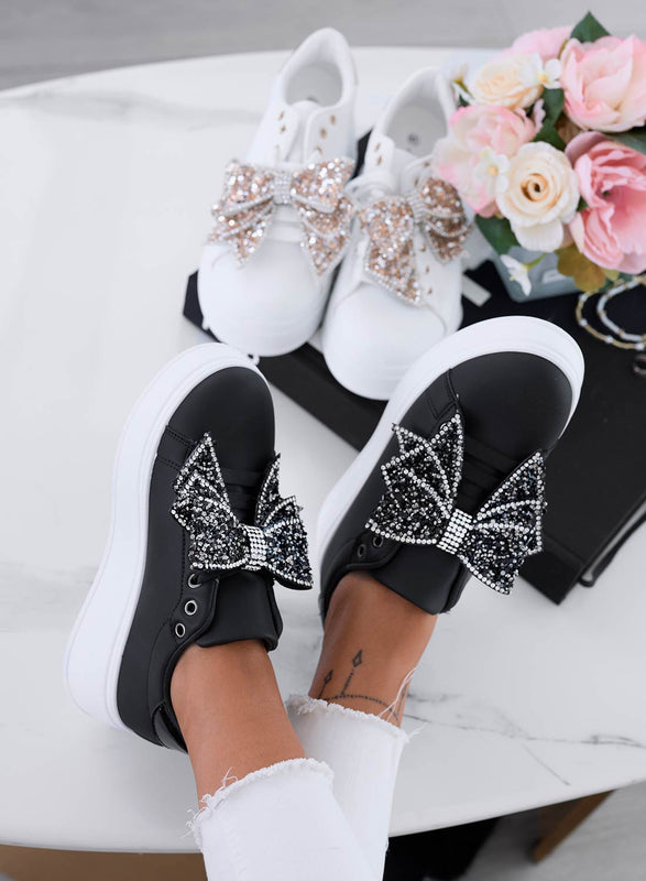 CRYSTAL - Black wedge sneakers with silver jewel bow