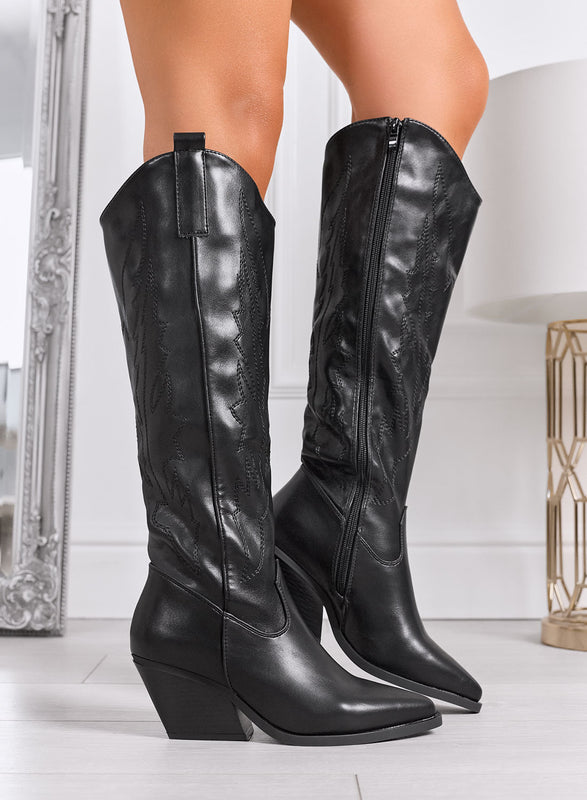 OSAKA - Black high pointed Texan boots with embroidery and wide heel