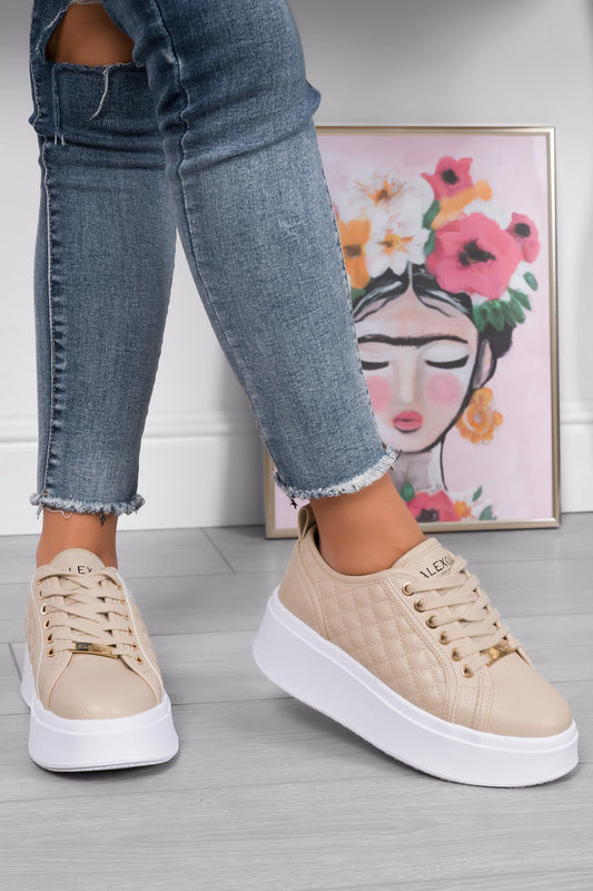 DALILA - Beige sneakers with quilted details and chunky sole