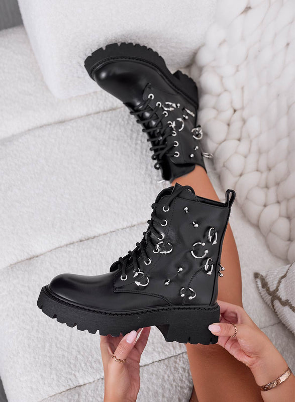 TAMARA - Bottines noires style biker avec applications argentées