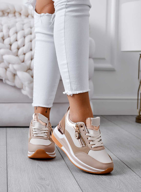 VALENTINA - Beige sneakers with rose gold inserts