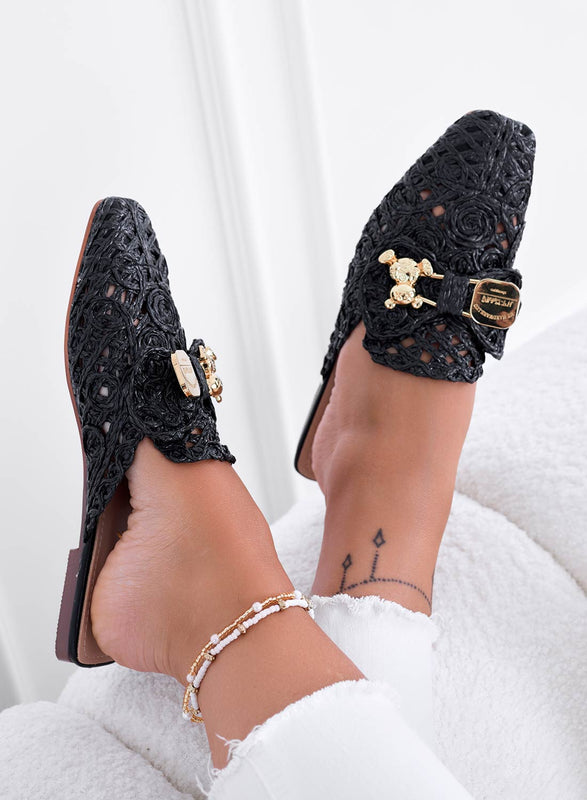 FIESTA - Black espadrilles clogs embroidered with gold teddy