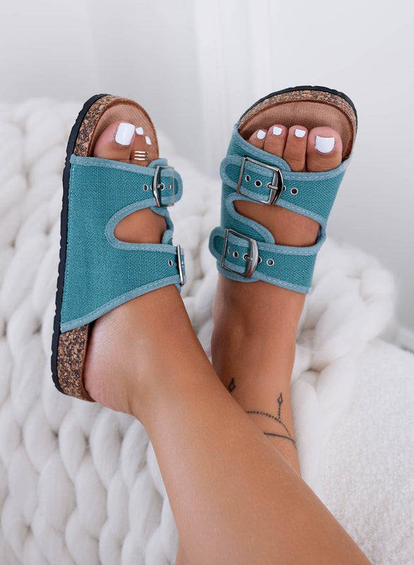 KETTY - Aqua green fabric sandals with buckles