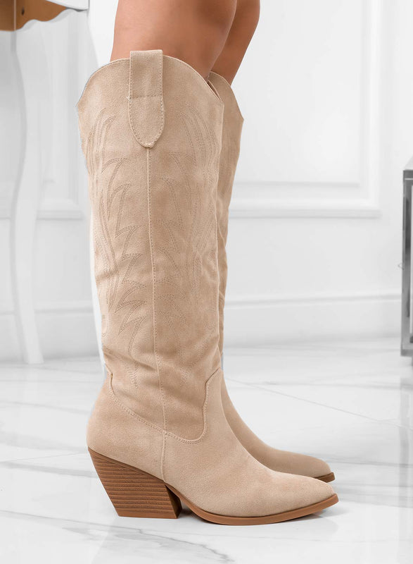 ELEVEN - Beige Texan camper boots with comfortable heel