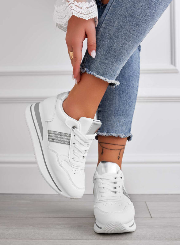 MARGOT - White sneakers with silver inserts and rhinestones