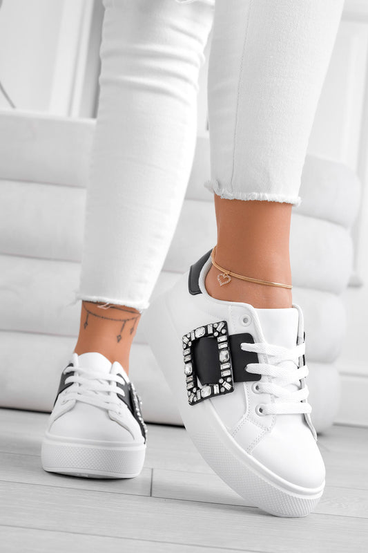 PLEASE - White jewel sneakers with black contrasting band