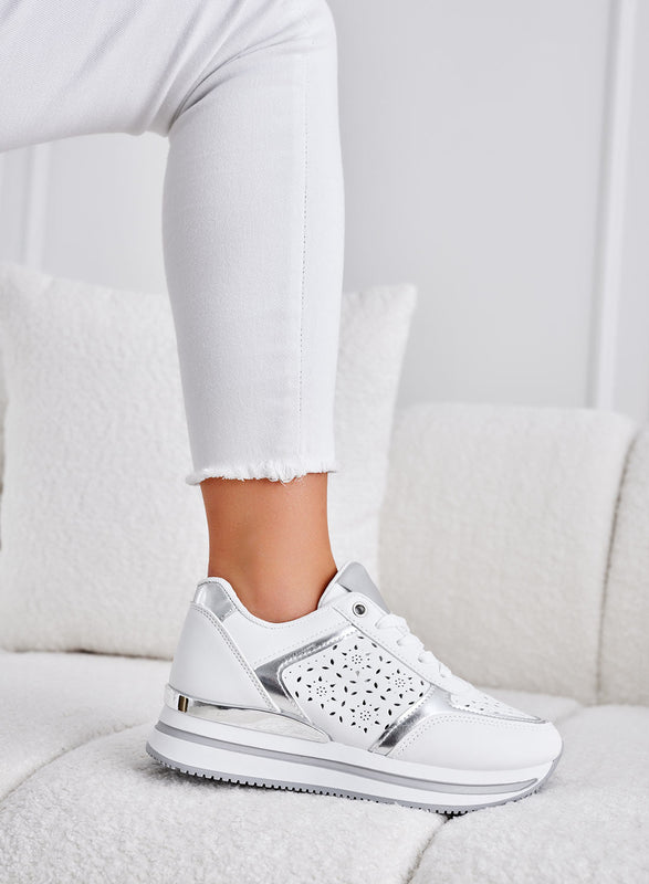 MINA - White perforated sneakers with silver inserts