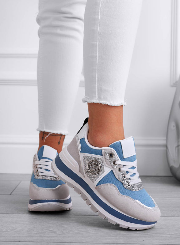 ERSILIA - Blue fabric sneakers with silver inserts