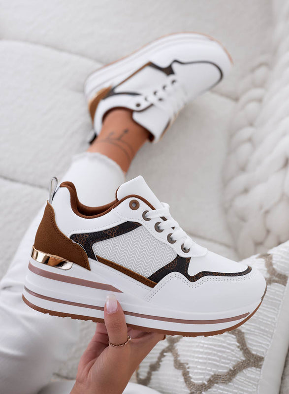 NEVIA - White sneakers with brown patterned inserts