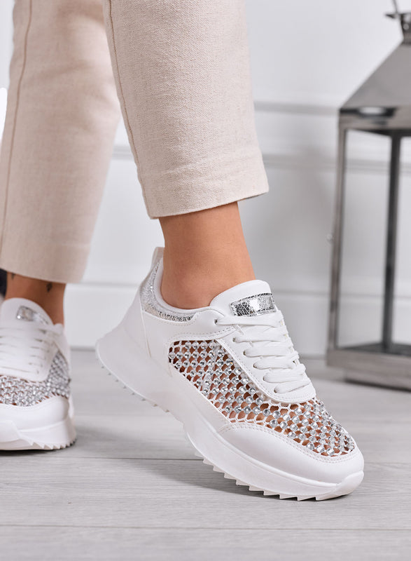 VANESSA - White Perforated Sneakers with Rhinestones and Silver Inserts