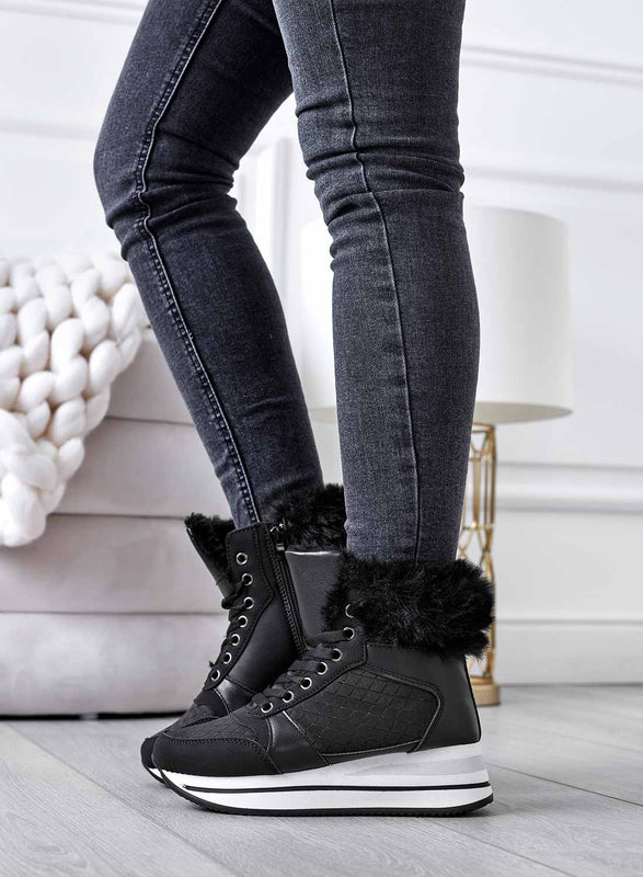 SVEVA - Black sneakers with faux fur trim and interior