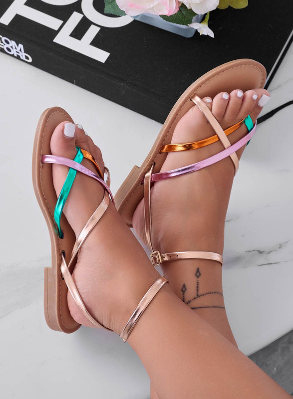 CHERRY - Champagne flat thong sandals with multicolor bands