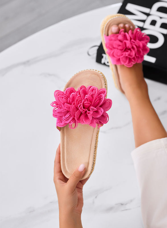 ELEONORA - Fuchsia sandals slippers with maxi flower and rope platform sole