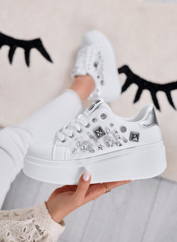 KELLY - White sneakers with wedge heel and silver jewel embellishments