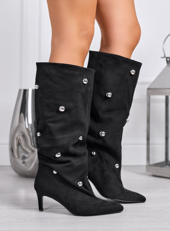 ISADORA - Black high boots with silver sphere studs and low heel
