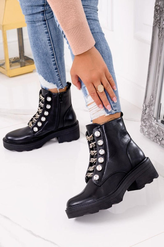 TIZIANA - Black ankle boots with chains and rhinestones