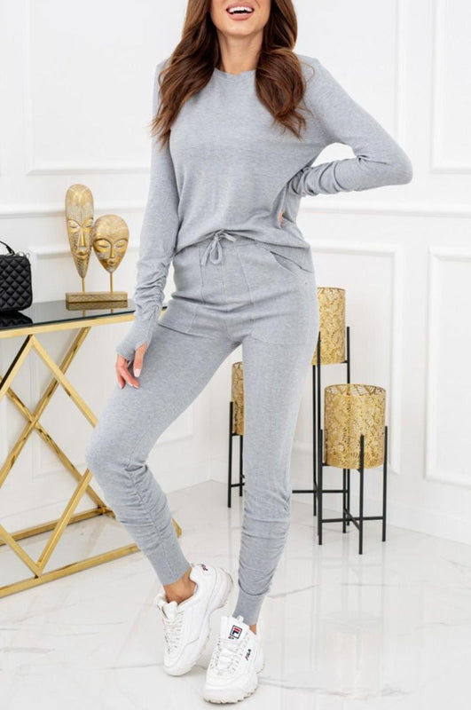 Grey two-piece jumpsuit with pockets