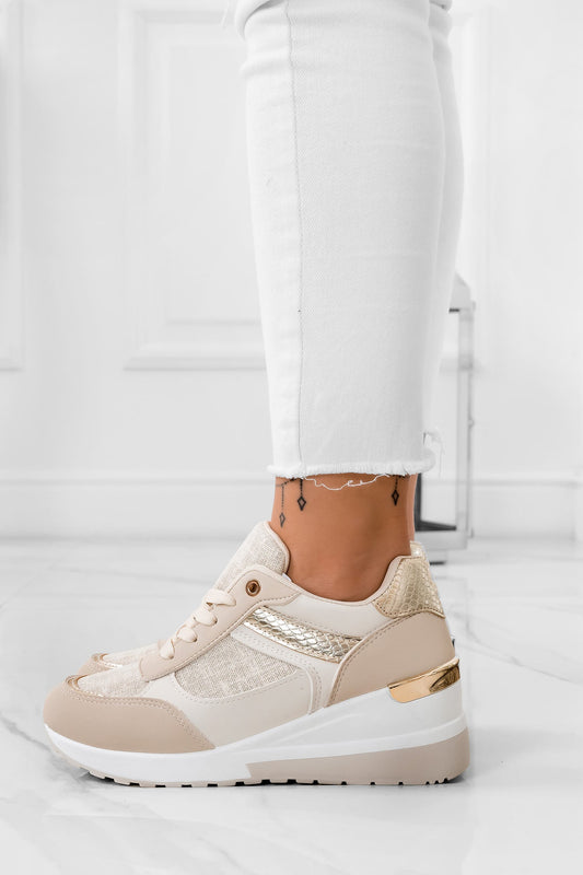 DREAMS - Beige and golden sneakers with wedge